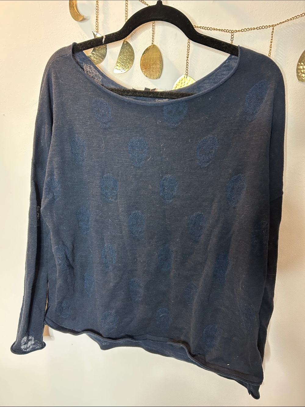 Skull Cashmere Navy Blue Lightweight Skull-Pattern Sweater